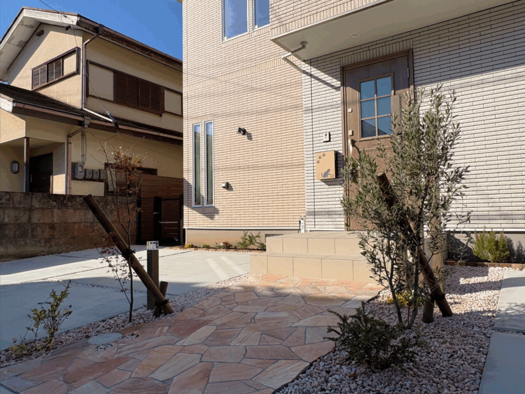 モミジとオリーブを植栽した静岡市の新築外構。ピンクテイストのお庭に映えるナチュラルな緑