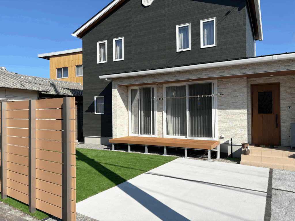 静岡市で施工した新築外構の完成全景｜ナチュラルテイストで使い勝手を重視した外構デザイン