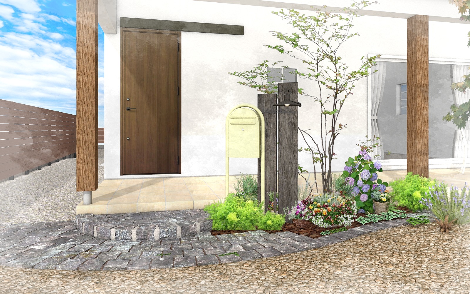富士市の新築外構イメージパース。植栽をバランスよく配置したナチュラル外構デザイン